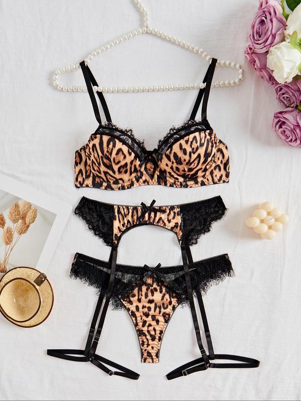 Women's Leopard Print Contrast Lace Bra & Thong & Garter Belt Three-Piece Set, Sexy Comfy Breathable Lingerie Set for Daily Wear, Women's Underwear Set for All Seasons