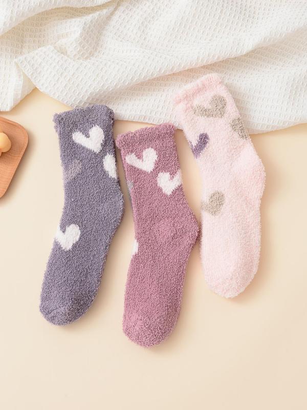 Women's Heart Print Fuzzy Socks, Cute Warm Comfy Crew Socks, Fluffy Mid-calf Socks for Fall & Winter, Cold Weather Gear, Comfort Women Floor Socks