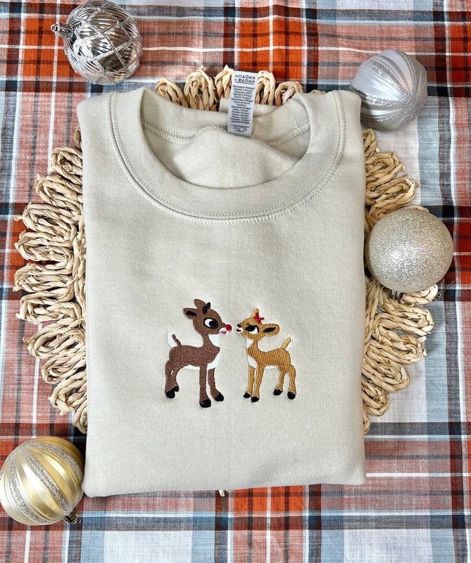 Christmas Embroidered Sweatshirt, Christmas Rudolph And Clarice Embroidered Matching Couple Shirt, Christmas Embroidered Gift For Her Him