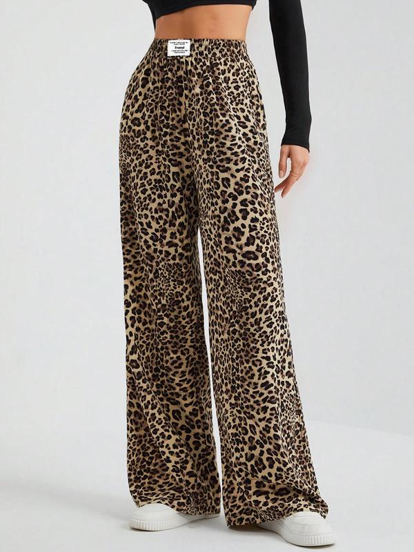 Women's Leopard Print Patched Elastic Waist Wide Leg Pants, Casual Comfy Trousers for Daily Wear, Ladies Bottoms for Fall & Winter