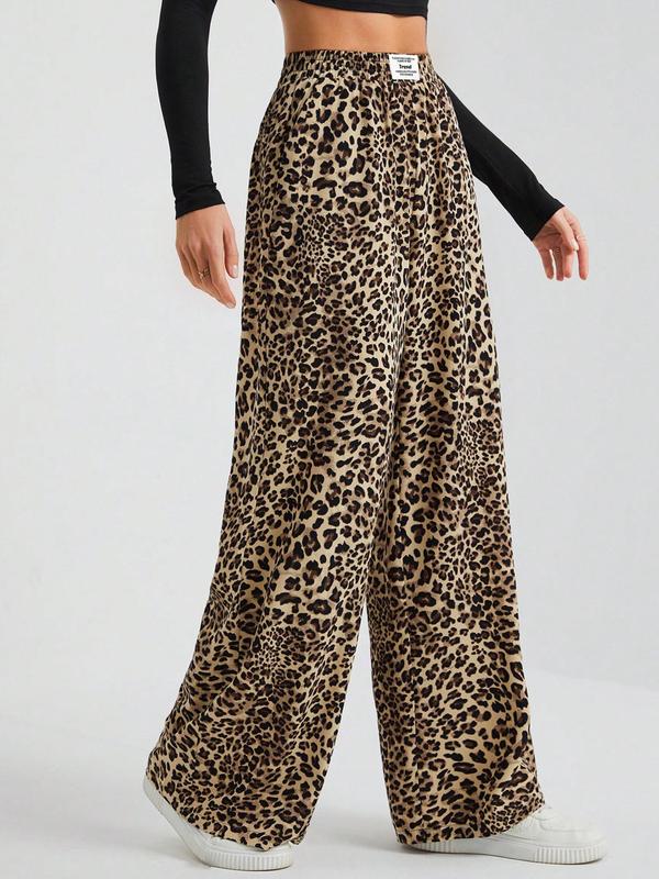 Women's Leopard Print Patched Elastic Waist Wide Leg Pants, Casual Comfy Trousers for Daily Wear, Ladies Bottoms for Fall & Winter