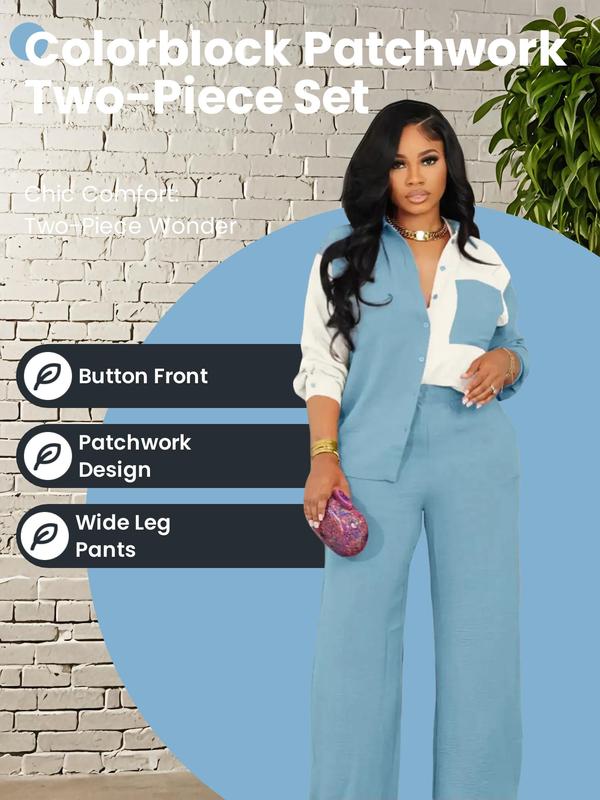 Colorblock Patchwork Button Front Pocket Shirt & Wide Leg Pants, Two-piece Set Womenswear, Casual Long Sleeve Collared Blouse Top & Trousers for Spring & Fall, Comfort Lady Suits