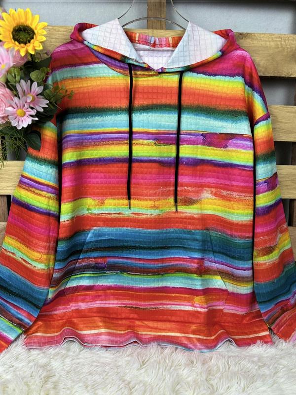  Rainbow Stripe Print Drop Shoulder Hoodie, Fashion Casual Drawstring Pocket Hooded Sweatshirt for Daily Holiday Outdoor Wear, Women Clothing for Fall & Winter