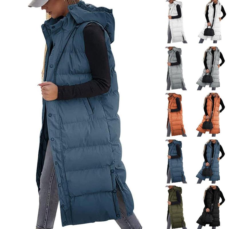 Tankaneo Women's Vest Quilted Long Quilted Vest with Hood Long Sleeve Button Down Puff Vest Cotton Padded Jacket Winter Coat