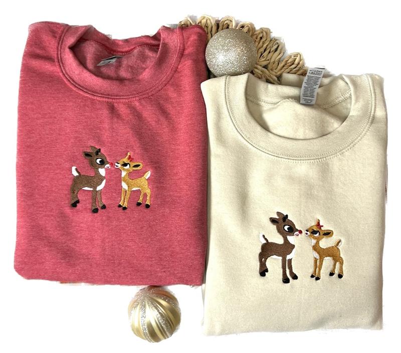 Christmas Embroidered Sweatshirt, Christmas Rudolph And Clarice Embroidered Matching Couple Shirt, Christmas Embroidered Gift For Her Him