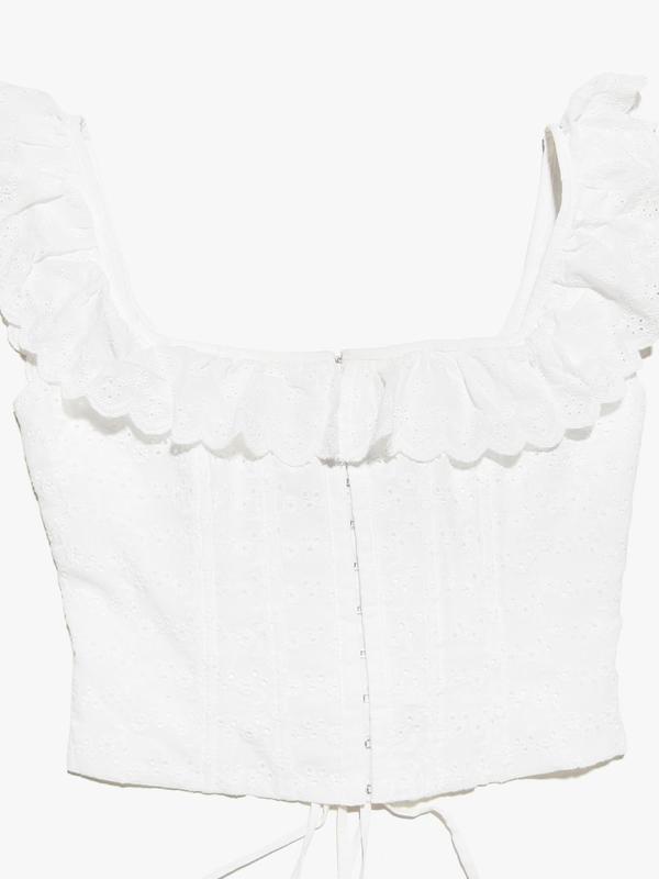 Women's Plain Eyelet Embroidery Ruffle Trim Lace Up Corset Structure Blouse, Sweet Fashion Backless Butterfly Sleeve Square Neck Top for Daily Outdoor Wear, Ladies Clothes for Summer