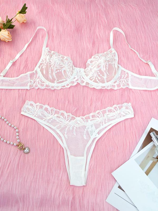 Women's Floral Embroidery Contrast Lace Sheer Bra & High Waist Thong Two-piece Set, Adjustable Strap Lingerie Set, Soft Comfy Breathable Underwear Set for Women