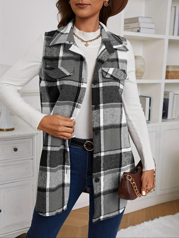 Women's Plaid Print Button Front Fake Pocket Vest Coat, Casual Sleeveless Collared Outerwear for Fall & Winter, Ladies Clothes for Daily Wear