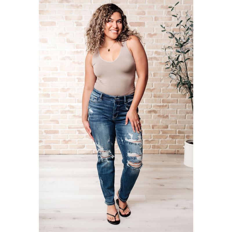 Judy Blue Mid Rise Cuffed Destroyed Boyfriend Jeans 82427 Stretchy Denim (Reg & Curvy) can be uncuffed - Please Size down 1 from street size - run generously