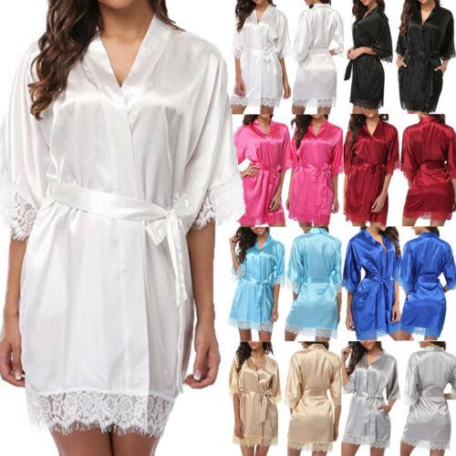 Women's Night Robes, Medium Sleeve Lace Smooth Robes, Bridesmaid Bridal Party Satin Robes, Sleepwear with Removable Waist Belt