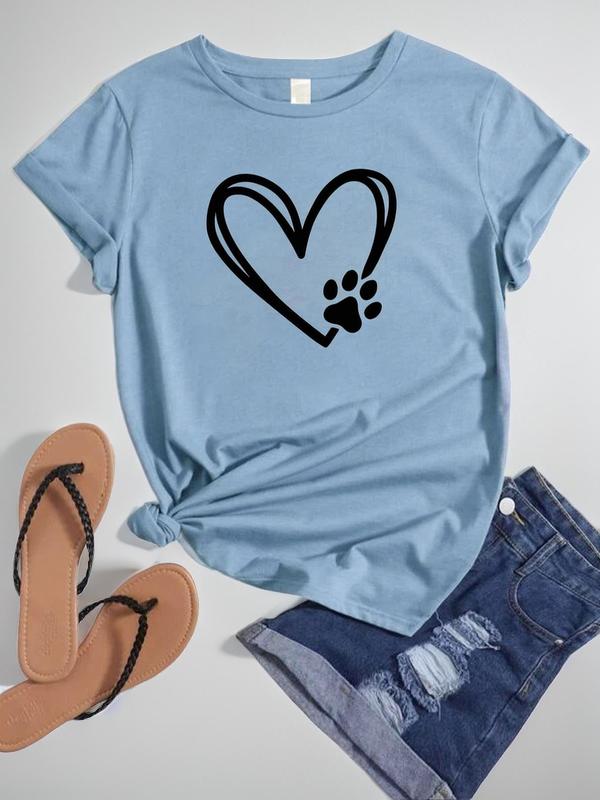 Women's Heart Print Short Sleeve T-Shirt, Summer Clothes Women, Vintage Graphic Tees, Casual Graphic Round Neck Tee for Summer, T Shirts for Women, Women's Top for Daily Wear, Womenswear