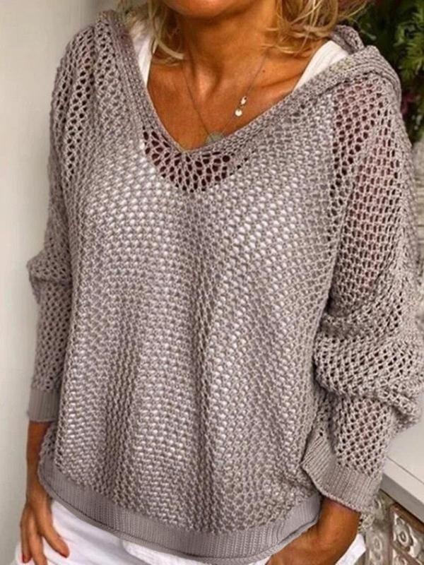 Women's Solid Hollow Out Sheer Hooded Sweater, Casual Drop Shoulder Long Sleeve Jumper for Summer, Fashion Ladies' Knitwear for Daily Wear