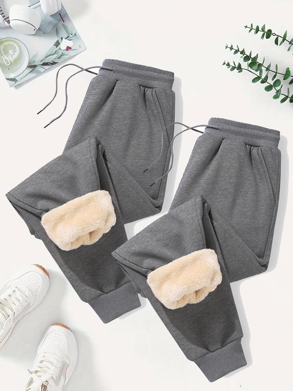 Women's Thermal Lined Solid Drawstring Waist Sweatpants, Casual Pocket Design Jogger Pants for Fall & Winter, Women's Trousers for Daily Wear