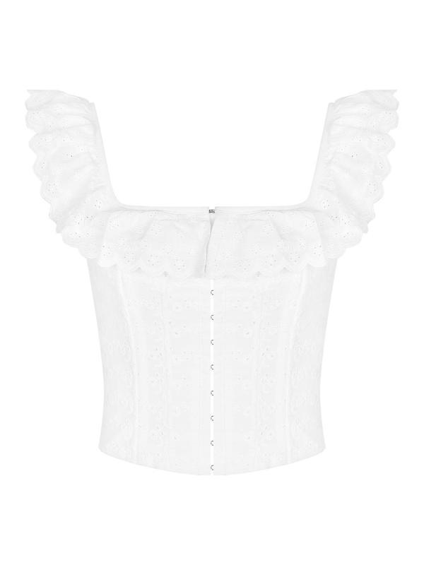 Women's Plain Eyelet Embroidery Ruffle Trim Lace Up Corset Structure Blouse, Sweet Fashion Backless Butterfly Sleeve Square Neck Top for Daily Outdoor Wear, Ladies Clothes for Summer