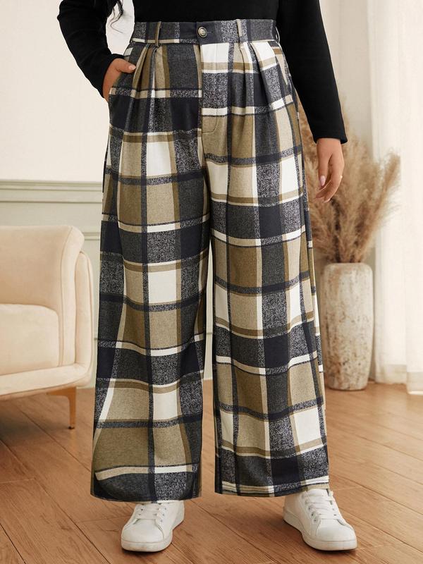 CURVZY Plus Size Plaid Print Button Pocket Wide Leg Pants, Casual Comfy Trousers for Daily Wear, Women's Bottoms for All Seasons