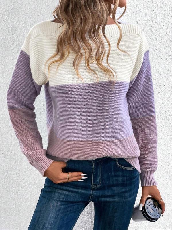 Women's Colorblock Drop Shoulder Sweater, Casual Long Sleeve Boat Neck Jumper for Fall & Winter, Fashion Ladies' Knitwear for Daily Wear