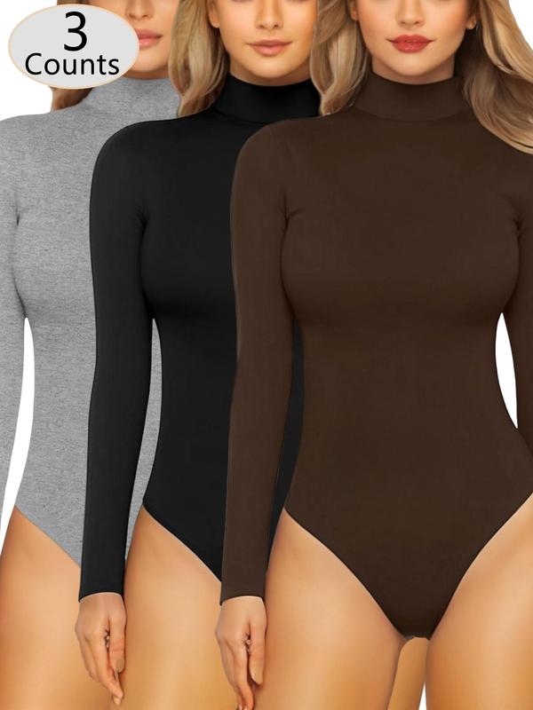 Women's Solid Long Sleeve Thermal Lined Bodysuit, 2024 New Style Casual Comfy High Neck Bodysuit for Daily Wear, Ladies Shapewear for All Seasons