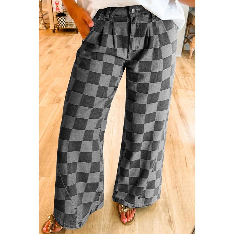 Checkered Wide Leg Jeans with Pockets