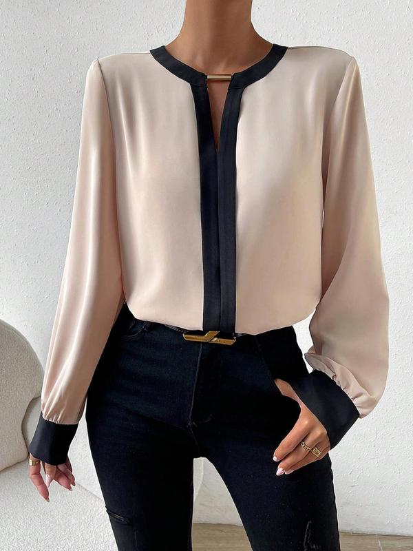 Women's Contrast Binding Cut Out Satin Blouse, Elegant Long Sleeve Keyhole Neck Top for Fall, Ladies Clothes for Work Office Business