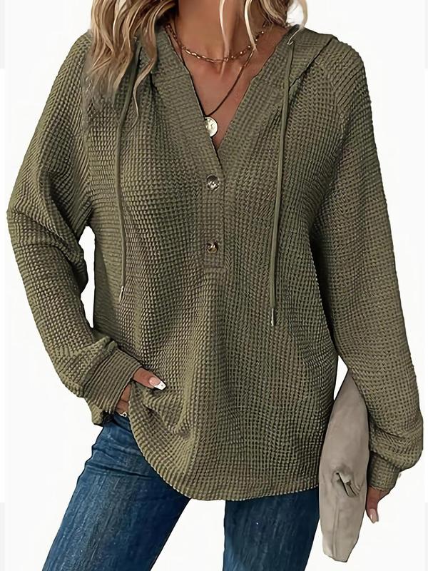 Women's Plain Drawstring Button Raglan Sleeve Hooded Sweater, Casual Long Sleeve Hooded Jumper for Fall & Winter, Fashion Ladies' Knitwear for Daily Wear