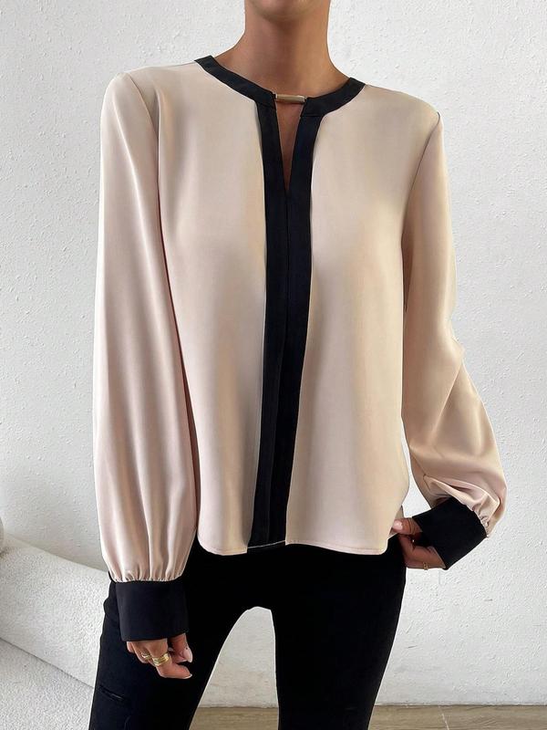 Women's Contrast Binding Cut Out Satin Blouse, Elegant Long Sleeve Keyhole Neck Top for Fall, Ladies Clothes for Work Office Business