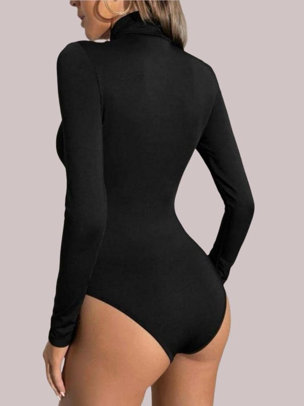 Women's Solid Long Sleeve Thermal Lined Bodysuit, 2024 New Style Casual Comfy High Neck Bodysuit for Daily Wear, Ladies Shapewear for All Seasons