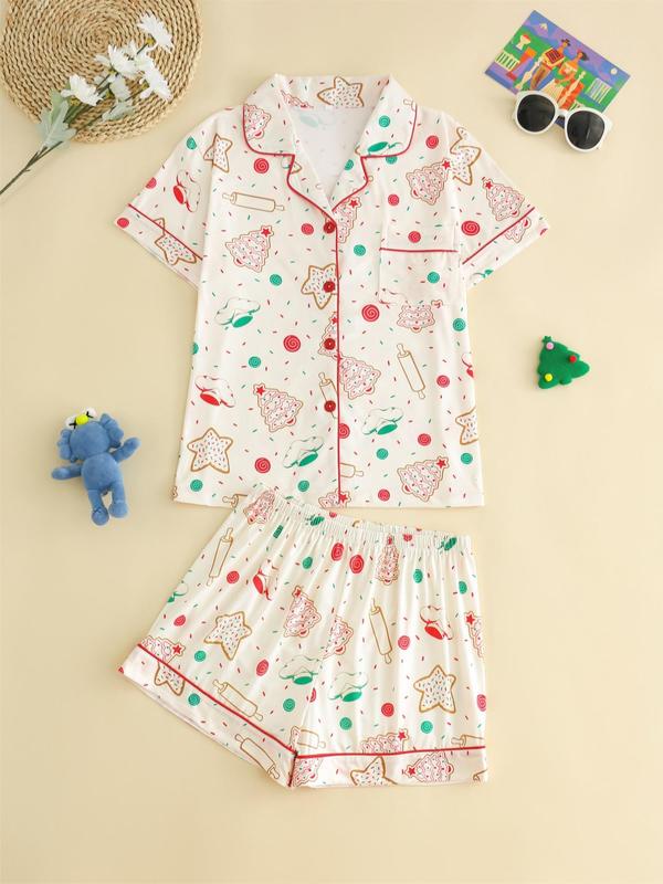 Two-Piece Set Women's All Over Print Contrast Binding Lapel Shirt & Shorts Pajama, Casual Comfy Short Sleeve Pocket Top & Shorts PJ Set, Ladies Sleepwear for All Seasons