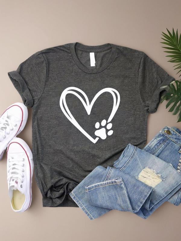 Women's Heart Print Short Sleeve T-Shirt, Summer Clothes Women, Vintage Graphic Tees, Casual Graphic Round Neck Tee for Summer, T Shirts for Women, Women's Top for Daily Wear, Womenswear