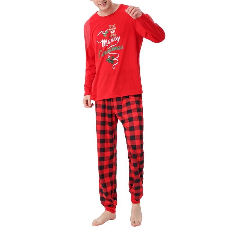 Red Christmas Parent-child Nightwear Set, Red Plaid and Letters Printed Pattern Long Sleeve Tops and Pants