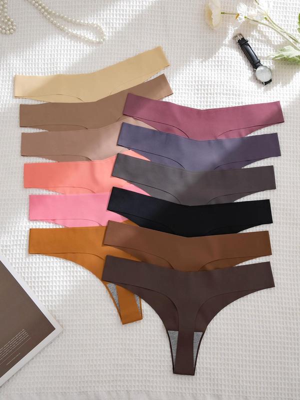 Women's 12pcs Solid Color Seamless Thong, Soft Comfy Breathable Back To School Drop Waist Seamless Panties for Daily Wear, Panties for Women, Underwear for Women, Underwear for Fall, Fall Wear 2024