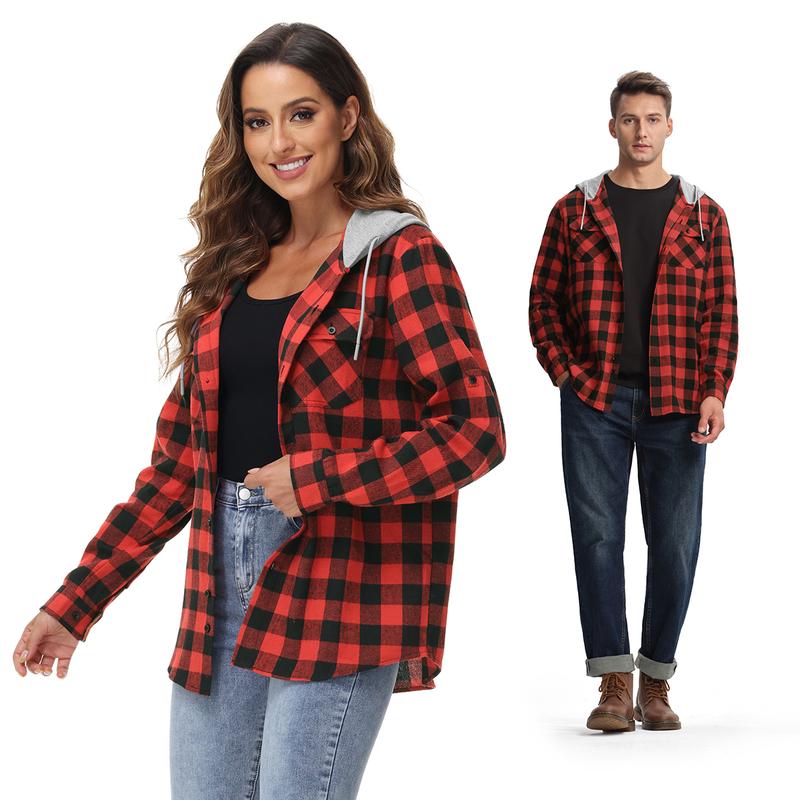 Christmas Gift YSENTO Couple Matching Casual Flannel Plaid Button Hooded Shirts Lightweight Outdoor Jacket