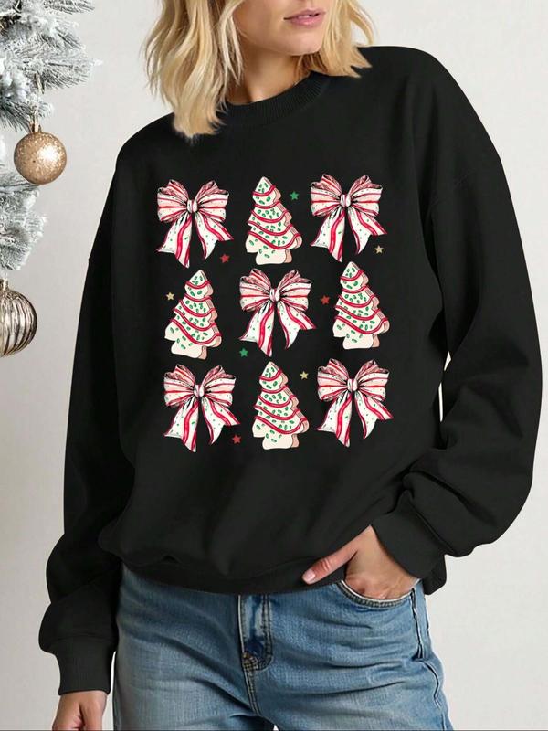 Women's Cartoon Christmas Tree & Bow Print Crew Neck Sweatshirt, Casual Long Sleeve Pullover for Fall & Winter, Women's Clothes for Daily Holiday Wear