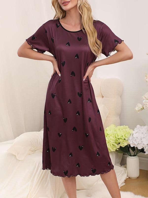 Women's Heart Print Lettuce Trim Criss Cross Nightdress, Casual Soft Comfortable Round Neck Short Sleeve Nightgown for Daily Wear, Ladies Sleepwear for All Seasons