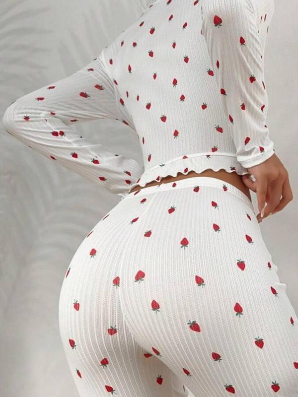 Two-Piece Set Women's Strawberry Print Ruffle Hem Pyjama, Casual Comfy V Neck Long Sleeve Top & Pants PJ Set, Women's Sleepwear for Spring & Fall