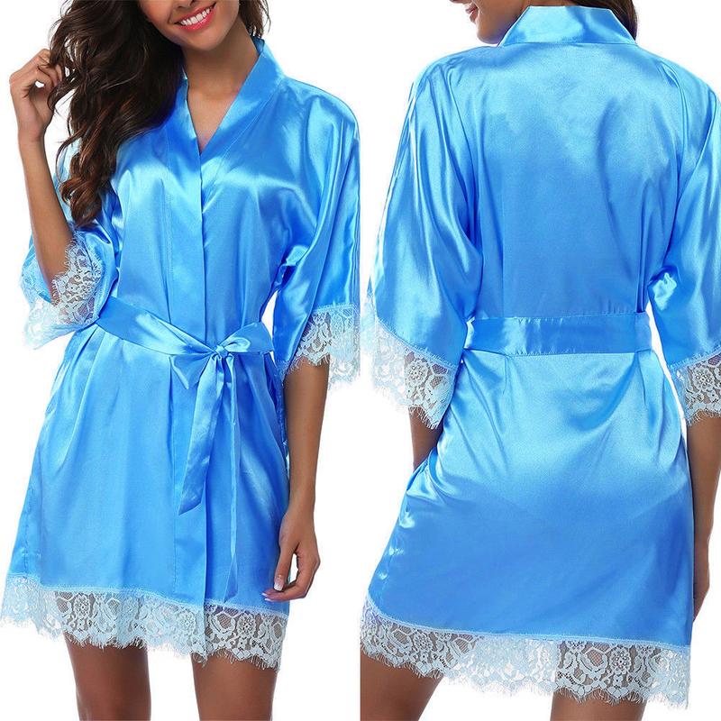 Women's Night Robes, Medium Sleeve Lace Smooth Robes, Bridesmaid Bridal Party Satin Robes, Sleepwear with Removable Waist Belt