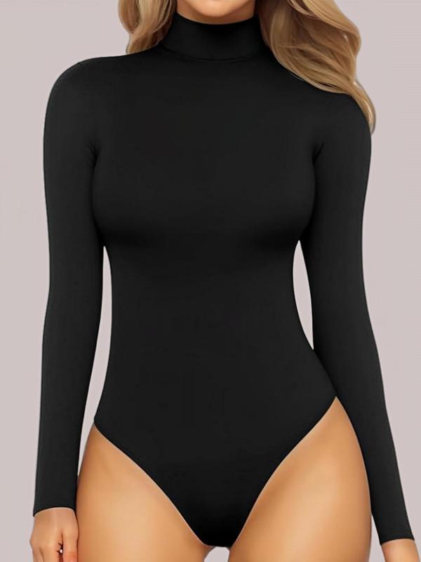 Women's Solid Long Sleeve Thermal Lined Bodysuit, 2024 New Style Casual Comfy High Neck Bodysuit for Daily Wear, Ladies Shapewear for All Seasons