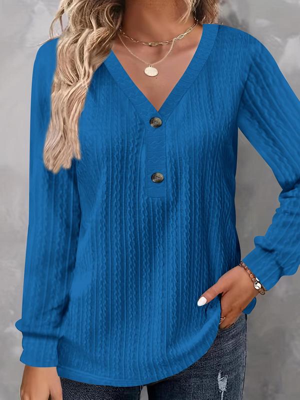  Solid Textured Button Front V Neck Tee, Casual Long Sleeve T-shirt for Fall & Winter, T Shirts for Women, Women's Clothing for Daily Wear, Fall Outfits, Fallfreshness