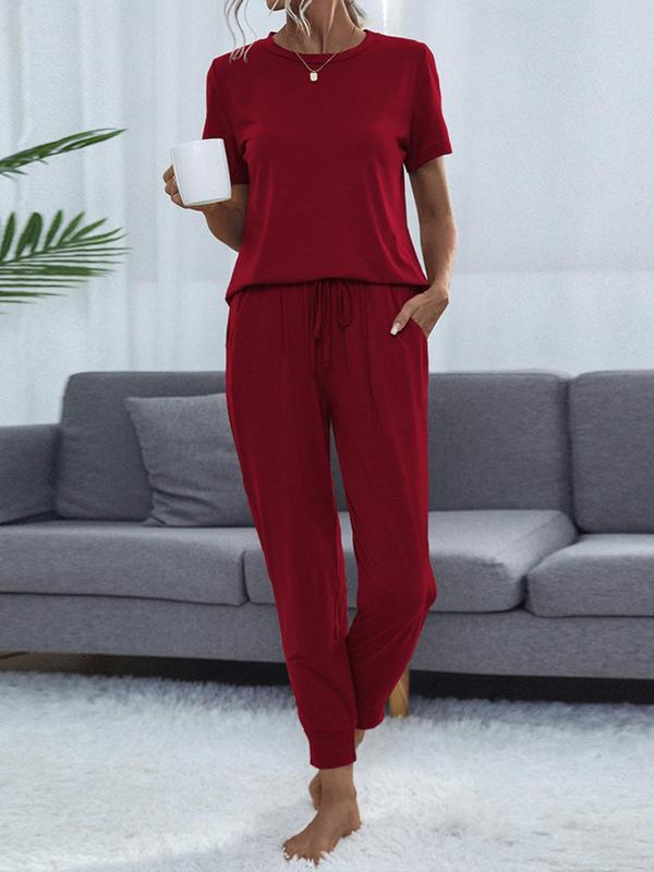 Women's  Casual Comfortable 2 Piece Wear, Solid Round Neck Short Sleeve T-shirt & Cropped Pocket Drawstring Pants Loungewear Set, Summer Wear, Lounge Set, Summer Clothes, Women Pajama Nightwear, Lady's Pj Set