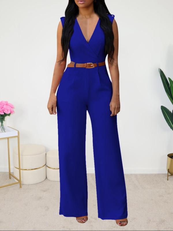 Women's Solid Belted Pocket Wide Leg Jumpsuit, Elegant Deep V Neck Sleeveless Jumpsuit for Work Office Business, Ladies Summer Clothes