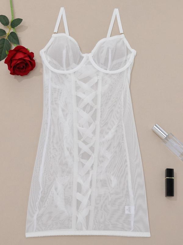 Women's Lace Up Sheer Mesh Sexy Lingerie Dress, Romantic Adjustable Strap Backless Cami Nightdress, Ladies Nightwear for All Seasons