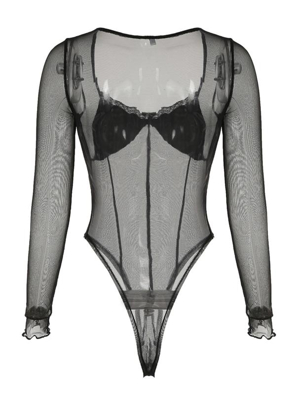 Women's Contrast Lace Sheer Button Closure Crotch Bodysuit, Sexy Solid Color Sweetheart Neck Long Sleeve Bodysuit for Summer, Women's Clothes for Daily Wear