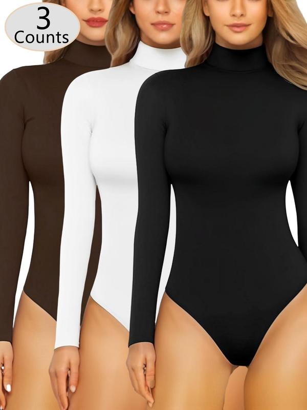 Women's Solid Long Sleeve Thermal Lined Bodysuit, 2024 New Style Casual Comfy High Neck Bodysuit for Daily Wear, Ladies Shapewear for All Seasons