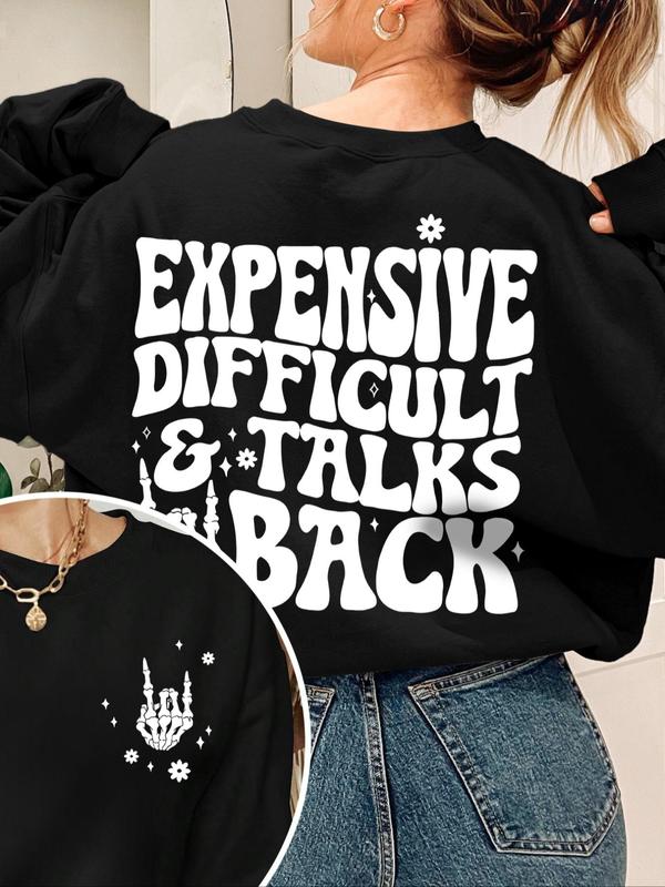 Women's Skeleton & Letter Print Drop Shoulder Sweatshirt, Casual Long Sleeve Round Neck Pullover for Daily Wear, Ladies Fall & Winter Clothes