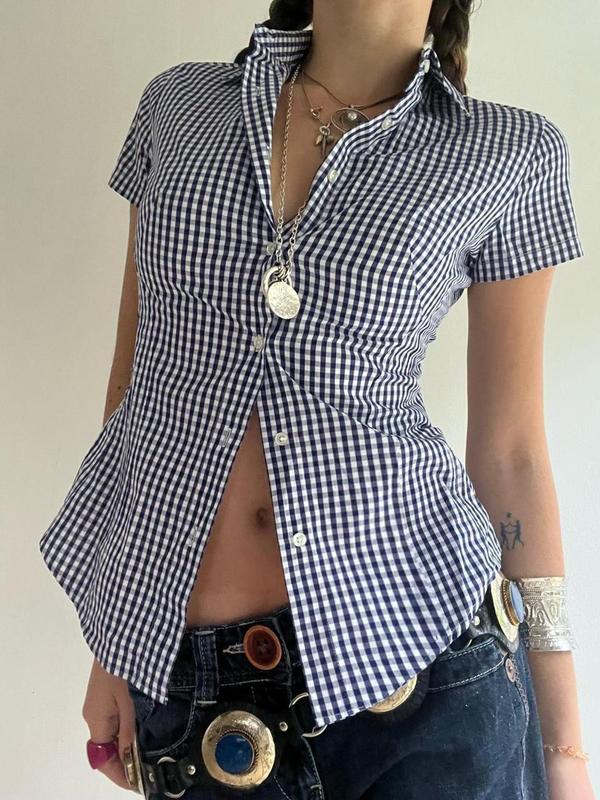 Women's Gingham Print Curved Hem Crop Shirt, Casual Short Sleeve Collared Top for Summer, Women's Clothing for Daily Wear