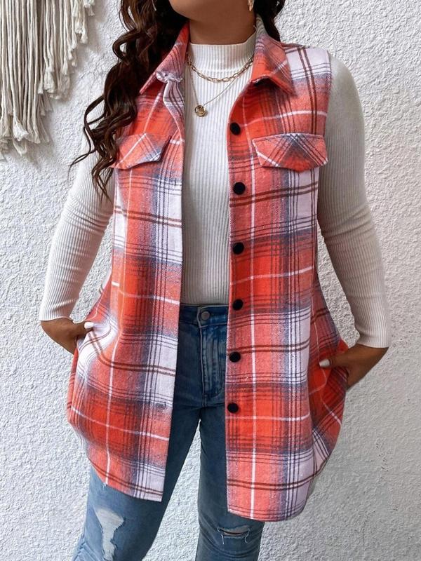  Plaid Print Button Front Waistcoat, Casual Sleeveless Collared Outerwear for Spring & Fall, Women's Plus Size Clothes for Daily Wear, Womenswear