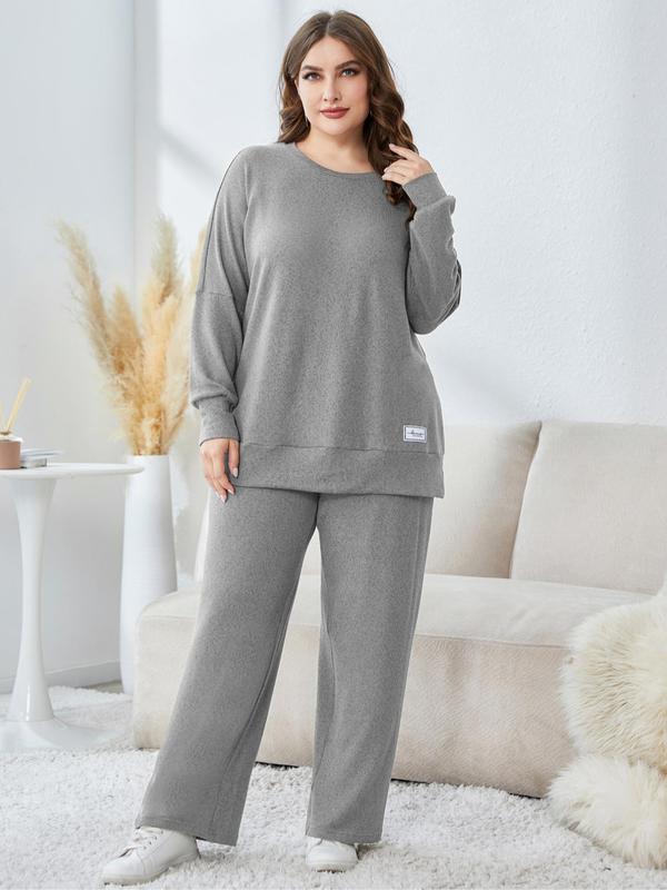  Solid Patched Crewneck Sweatshirt & Wide Leg Pants Suits Set, Casual Comfort Round Neck Top & Straight Leg Trousers for Lady Fall & Winter, Plus Size Clothes for Women, 2 Piece Sets Women, Fall Clothing Women