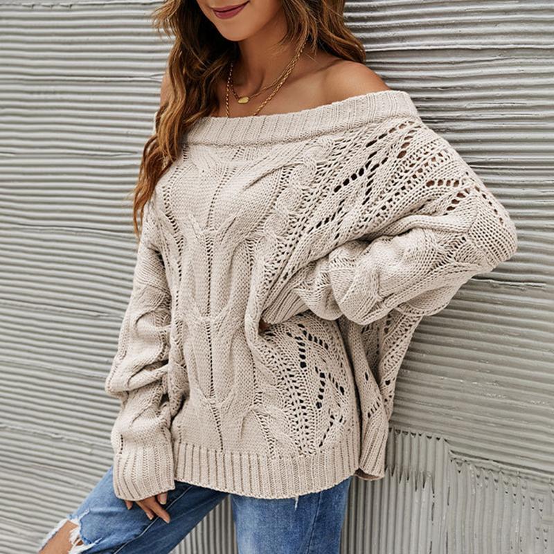 Women's Off Shoulder Oversized Pullover Textured Knit Batwing Sleeve Sweater Casual Tops for Atumn and Winter