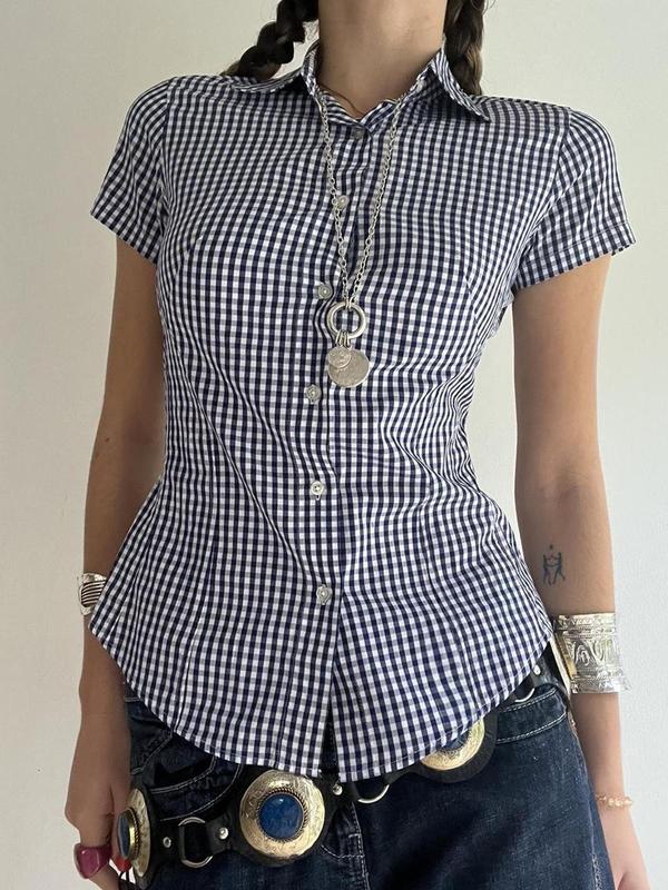 Women's Gingham Print Curved Hem Crop Shirt, Casual Short Sleeve Collared Top for Summer, Women's Clothing for Daily Wear