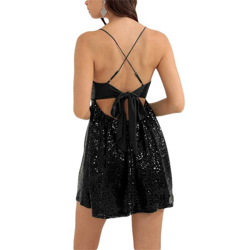 Women s Sexy Sequin Halter Mini Dress Backless Glitter Spagetti Straps Ruched Sparkly Swing A-Line Dinner Dress