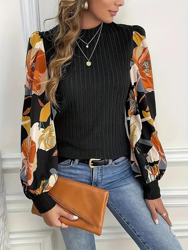  Floral Patchwork Print Contrast Mesh Bishop Sleeve Tee, Elegant Mock Neck Long Sleeve Top for Fall & Winter, Women's Clothes for Daily Wear